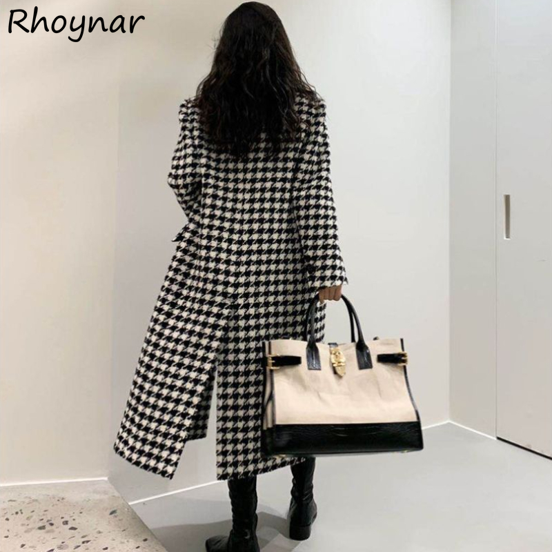 Winter Clothing In French - Houndstooth Blends Dames Lange Jassen Vintage