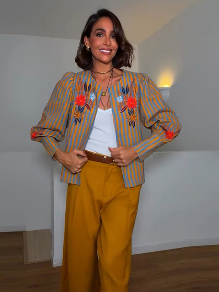 Winter Clothing For Women - 2026 Vroege herfst gestreept bloemenborduurjack met